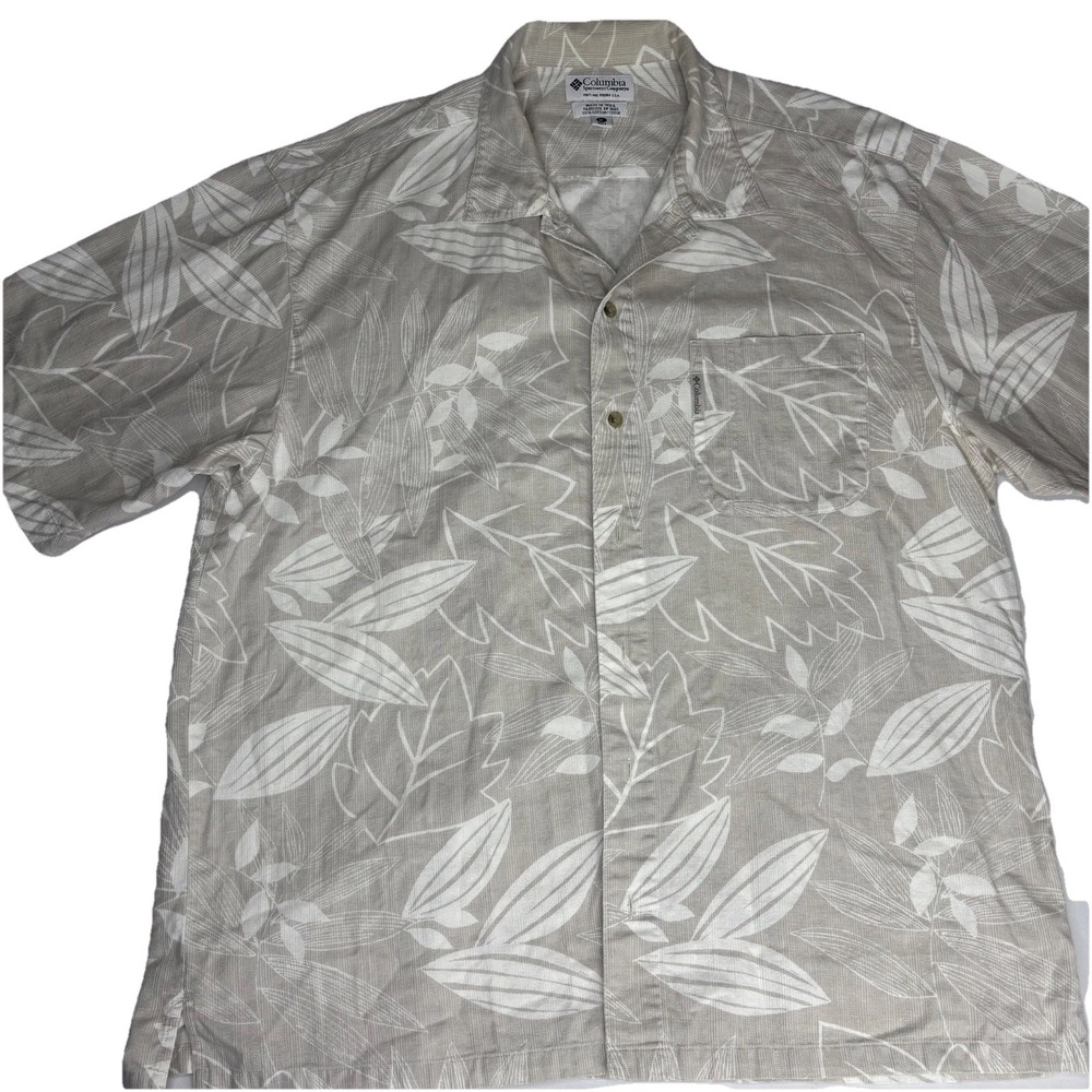Columbia Hawaiian Shirt Mens XL Beige Leaf Print Button Up Outdoor Hiking